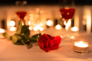 Romantic candlelight dinner setting.